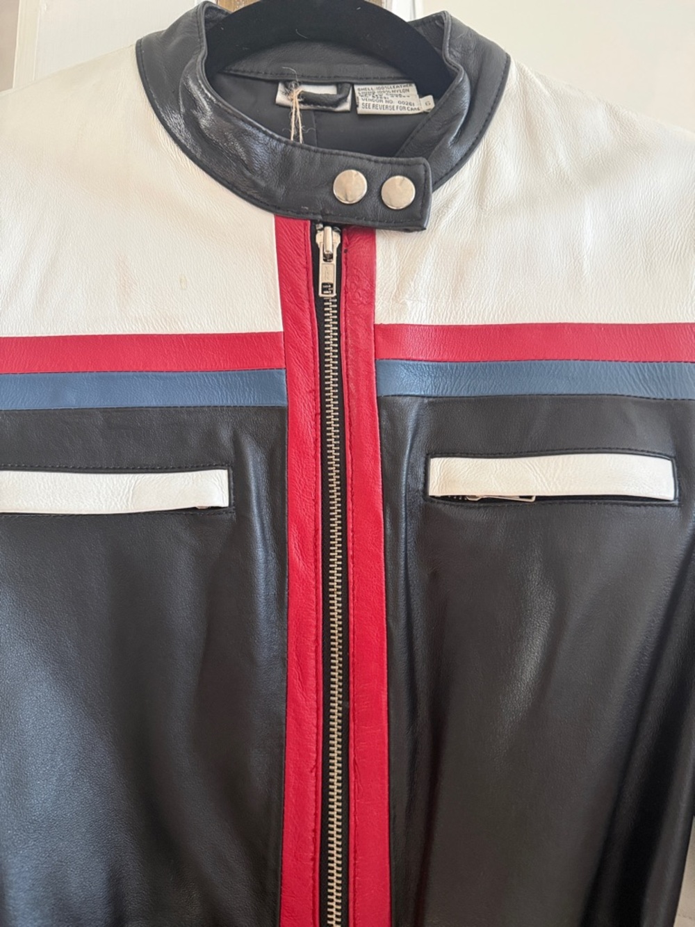 Newport News vintage Leather Belted Moto Jacket  White, Red & Blue Stripes - Picture 3 of 6
